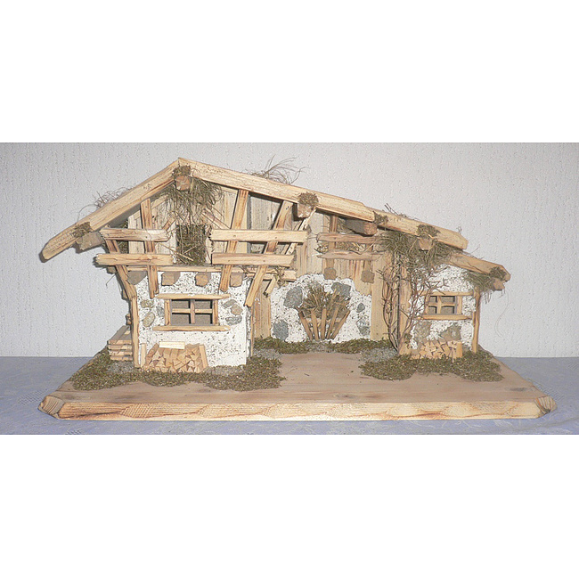 Krippenstall  - 19 hell gebeizt mit Mauerwerk, passend f�r 10 cm - 13 cm Figuren, BxTxH ca. 65,5x35,5x32cm