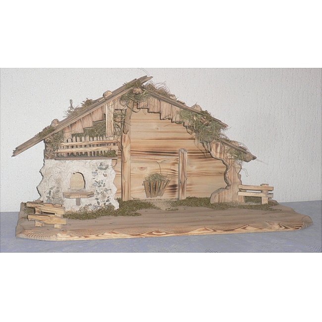 Krippenstall  - 25 hell gebeizt mit Mauerwerk, passend f�r 10 cm - 13 cm Figuren, BxTxH ca. 65x29,5x34cm