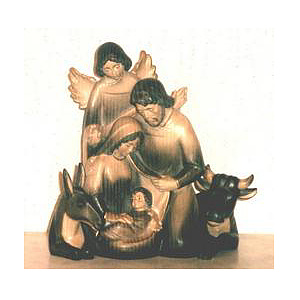 Weihnachtskrippe 9 - Ganzjahreskrippe Familiengruppe mit Ochs,  Esel  und Engel, 12cm color