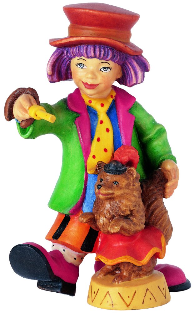 Clown mit tanzendem Hund aus Ahornholz geschnitzte Figur, 9cm hoch