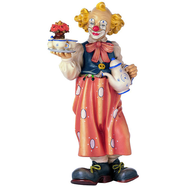 Clown mit Kaffeeservice - aus Ahornholz geschnitzte Figur, 14cm hoch