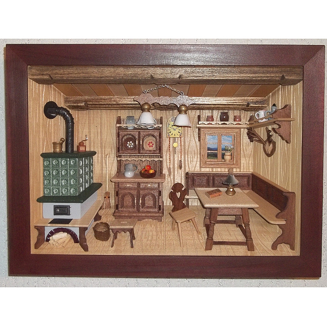 3D Holzbild - Kaminzimmer lasiert, 30x22cm