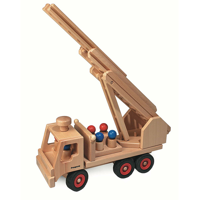 Feuerwehr von Fagus, lenkbar, mit 6 Spielfiguren, 3tlg. Leiterpaket ausfahrbar, drehbar, hhenverstellbar, Lnge ca. 40cm