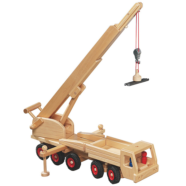 Mobilkran von Fagus, lenkbar, mit 2 Spielfiguren, Hhe aufstell- und ausfahrbar, drehbar