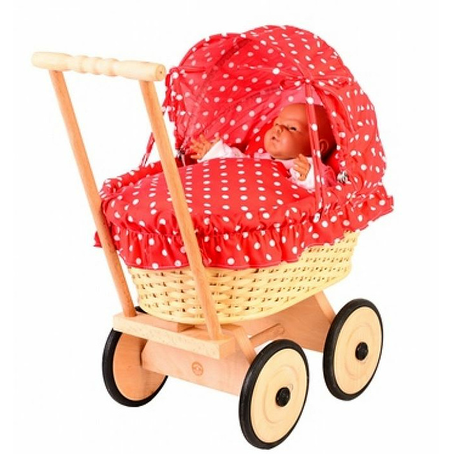Korb-Puppenwagen rot wei gepunktet