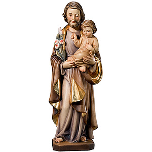 Heiliger Josef mit Lilie und Kind - aus Ahornholz geschnitzte Figur, color